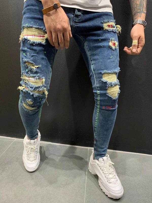 
Stylish Designer Mens Jeans Scratch Pants Embroidery Skinny New Design Custom Colombiano Ripped Denim Jeans Pant Men 