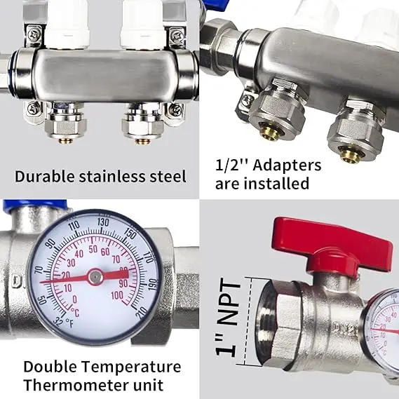 OLDE Stainless Steel Manifold up to 12 Loops for Underfloor Heating with NPT/Compression/G Connection