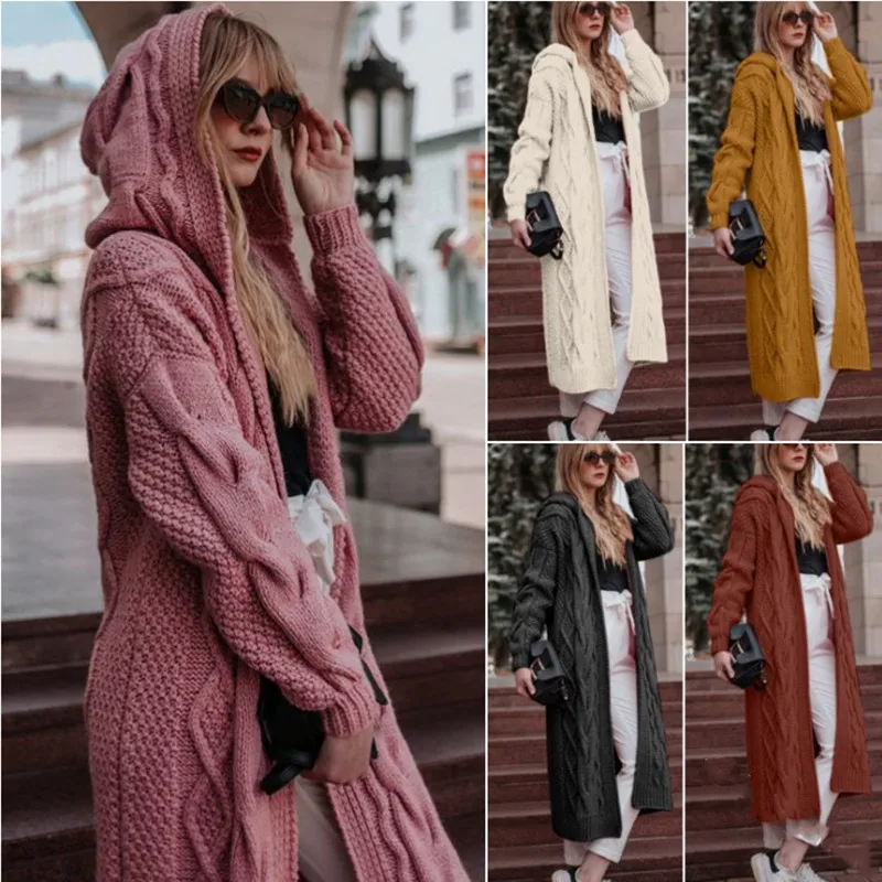 2021wish European and American autumn and winter hot selling solid color hooded long cardigan sweater twist knit sweater women