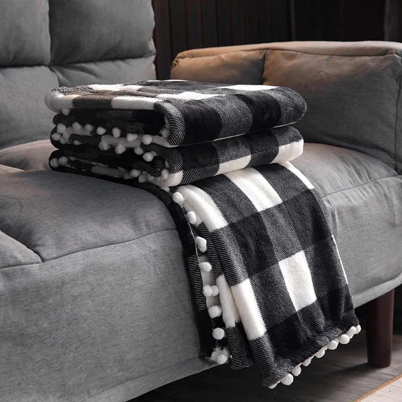 thick suitable Fringed balled checkered printed flannel Christmas blanket for four seasons sofa decoration