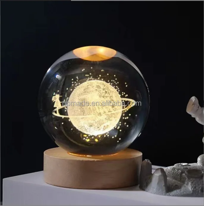 Solar System Moon Nebula 3d art K9 crystal ball Night Lamp luminous Crystal 3d Ball Night Lamp with Wooden Led Night Light Base