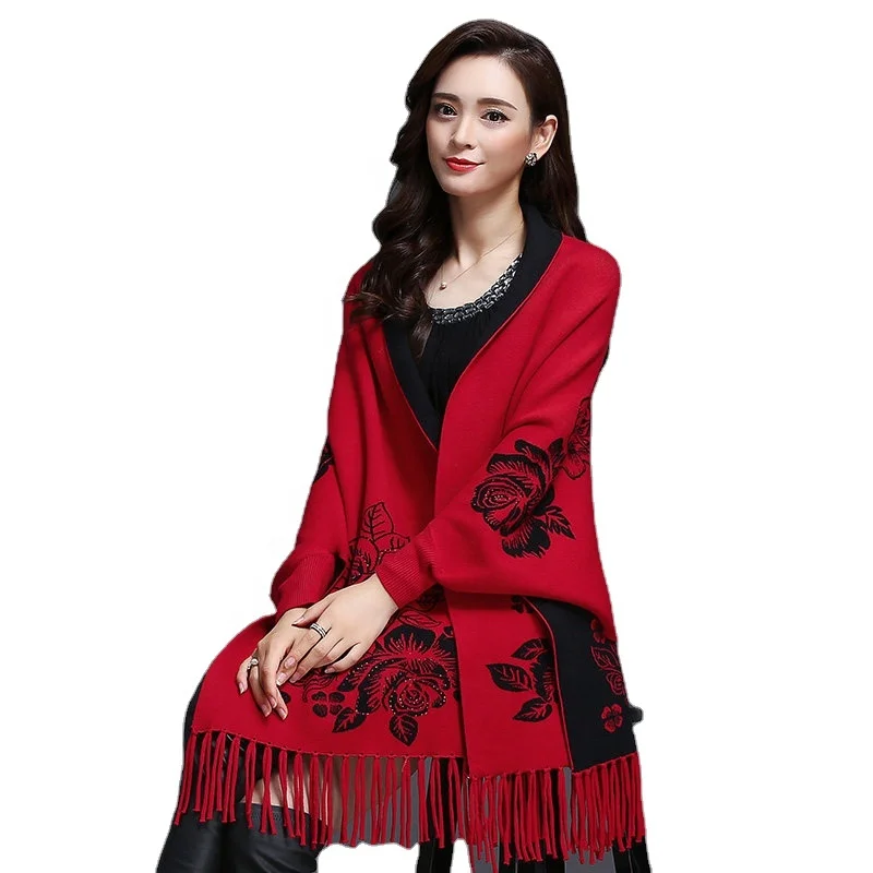 
Fashion long fringed shawl with sleeves pullover winter warm knitted shawls and wraps wholesale scarf with sleeves 