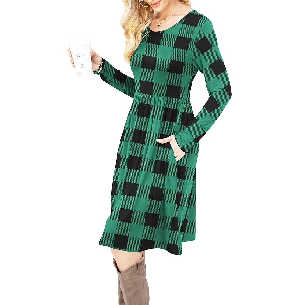 Женское Повседневное платье в клетку, с длинным рукавом, карманами и высокой талией