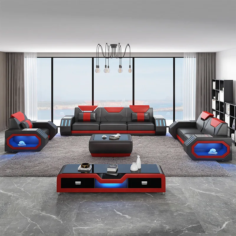Luxury Italian Leather U-Shaped Sofa with Bluetooth Speaker and light