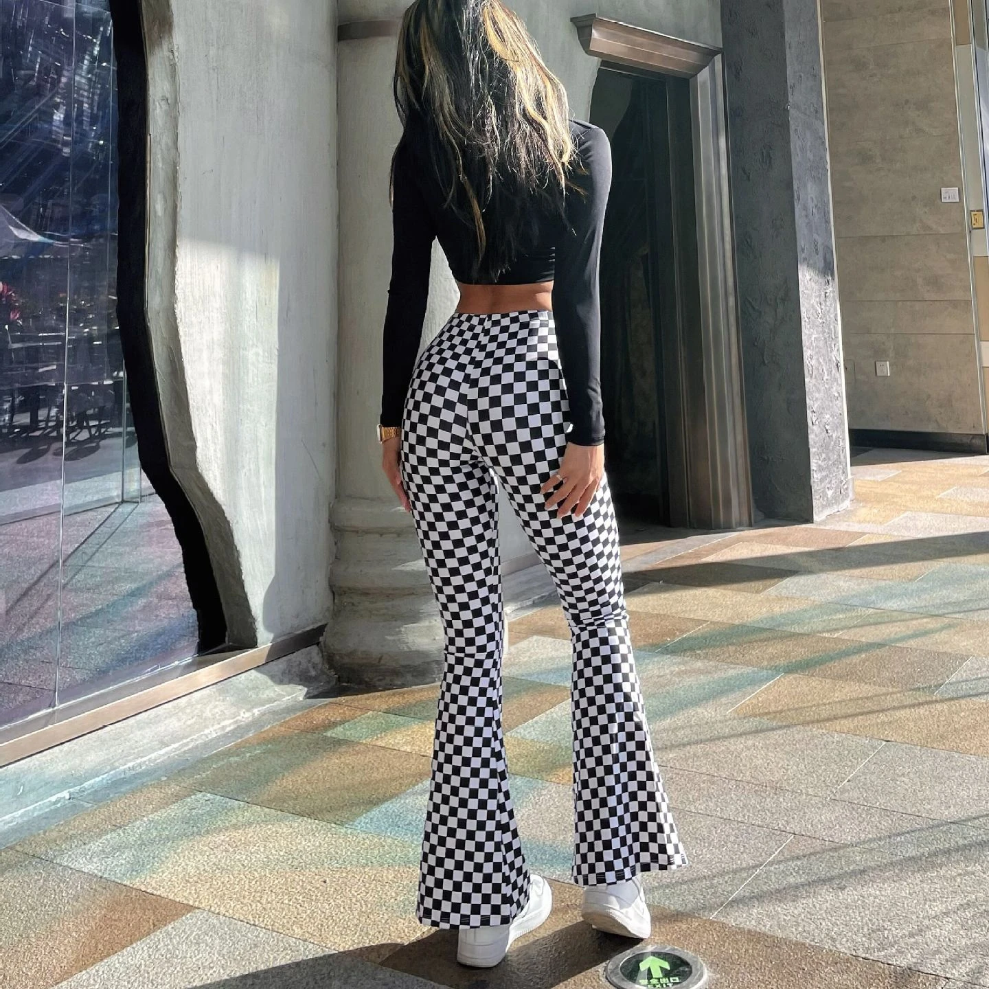 BSCI Manufacturer Fashion Nylon Plaid Wide Leg Bell Bottom Pants Sport Flare Leggings For Woman