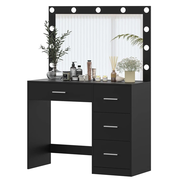 Bedroom Led Light Mirror Touch Screen Wood Dresser Desk Side Table 4 Storage Drawer Dressing Makeup Vanity Table