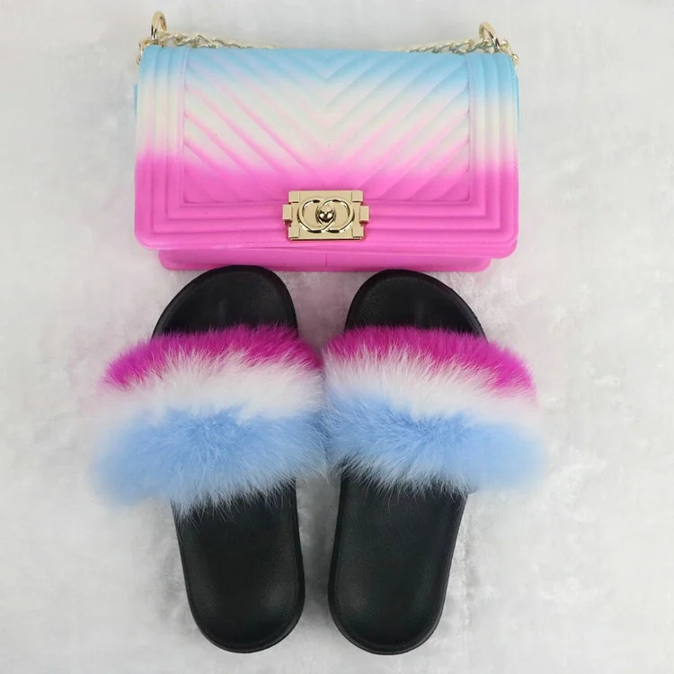100%Real Fox Fur Slippers Women Fur Slides Rainbow Shoe Cute Fur Flip Flops Women Travel Furry Shoes Jelly Bags Set Fashion Bags