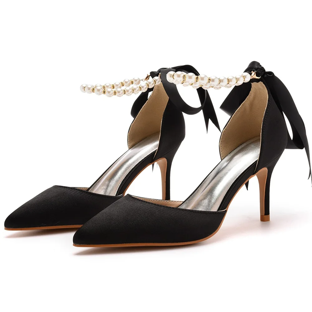 Women High Heels Sandals Lady Point Toe Pumps Pearls Ankle Strap PU Leather Wedding Shoes For Bride
