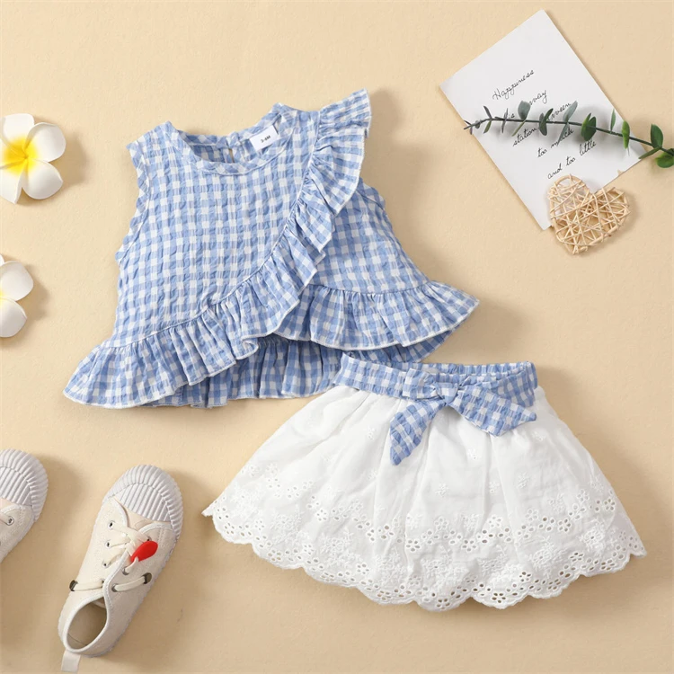 Summer Baby Sleeveless Kids Ruffle Plaid Top Sets Cute Casual Bow Knot Embroidered Skirt Suit Skirt Baby Girls Dresses