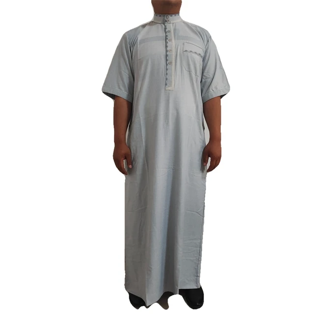 
2021 Hot Sale Stand-up Collar Embroidered Muslim Men Clothing Islamic Half Sleeve Muslim Prayer Robe 