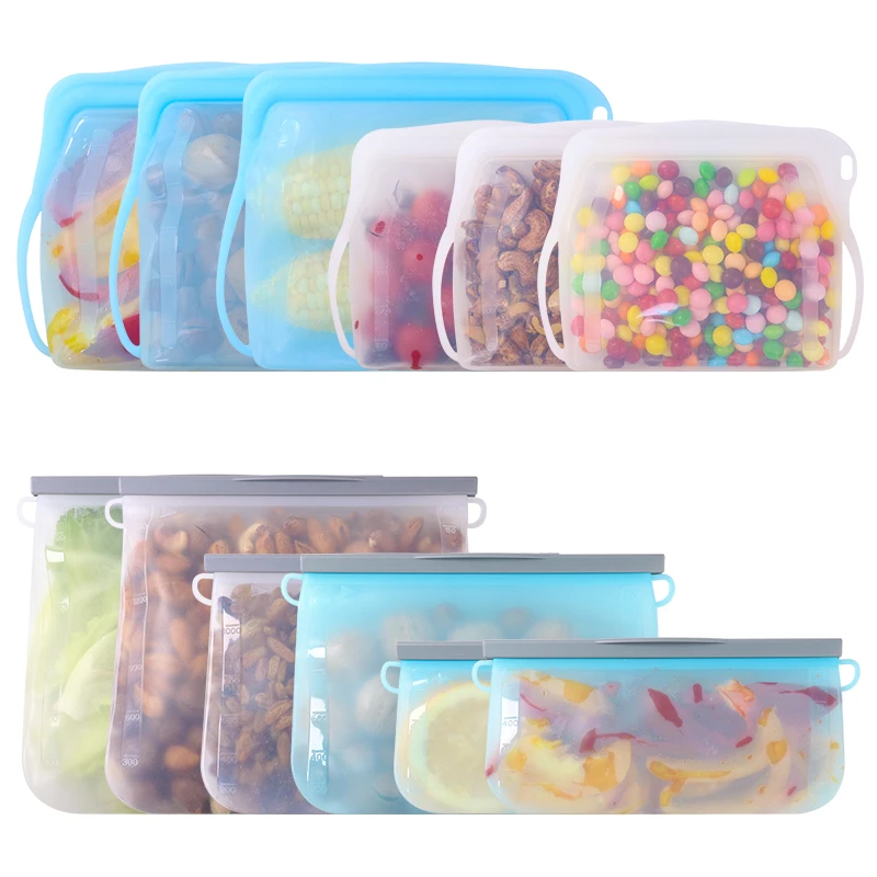 Custom printed logo kitchen accessories leakproof food grade reusable ziplock silicone food storage freezer sandwich pouch bags