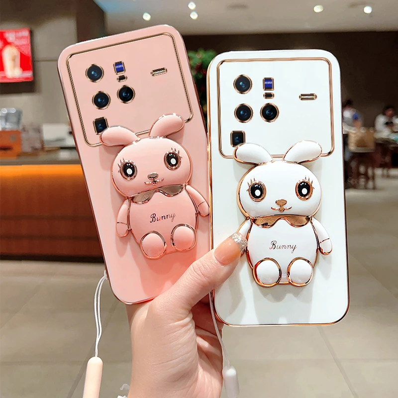 Cute Cartoon Lovely Rabbit Stand Holder Soft TPU Glossy Phone Case Cover For Vivo X90 X80 X70 PRO PLUS
