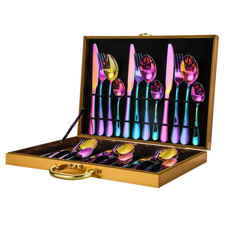High-end Stainless Steel Flatware Set Golden Wooden Gift Box Hotel Western Tableware 24 Piece Cutlery Set