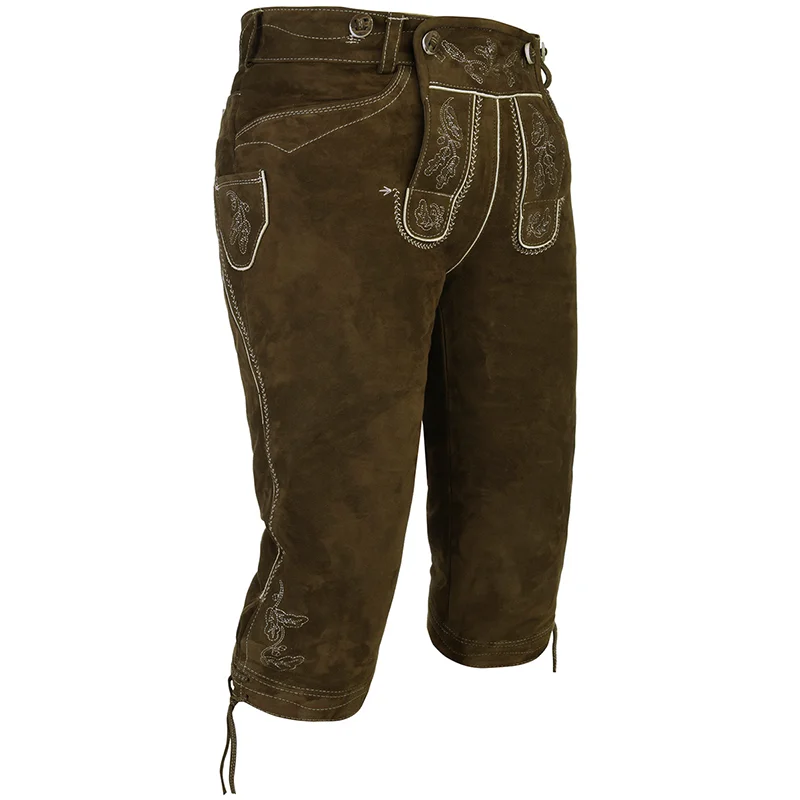 New classic style Short Leather Pants Made Of Goat Suede With Suspenders