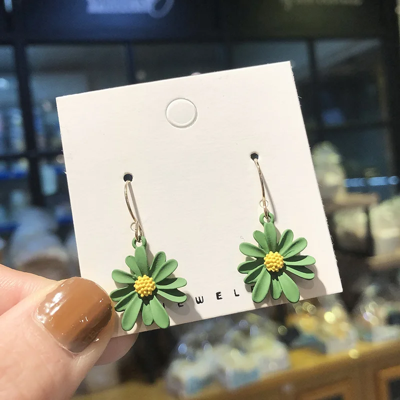 Cute Yellow Sun Flower Pearl Silver Earrings Eardrop Green Daisy Girl Drop Earrings Summer Flowers Accessories Earring