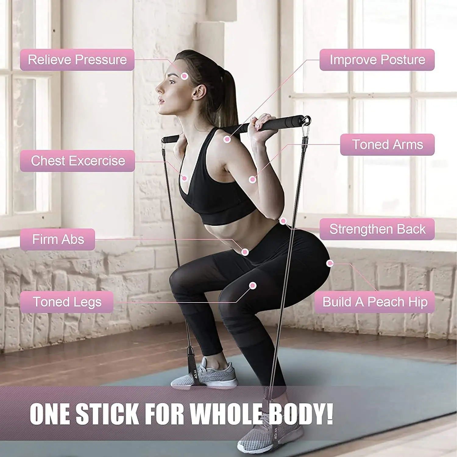 Home Gym Pilates Bar Kit with Resistance Bands Stick Squat Yoga Pilates Flexbands Kit