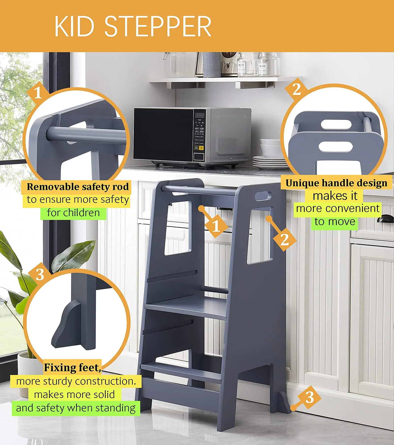 4-In-1 Toddler Kitchen Stool Aide Wooden Height Adjustable Standing Tower With Safety Guardrail Child Studying Tower