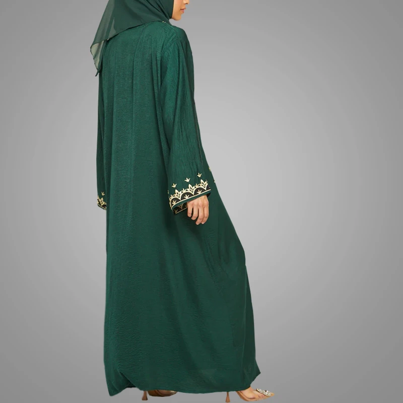 Wholesale High Quality Modest Front Open Abaya Dark Green Embroidery Dubai Style Kimono Abaya Traditional Muslim Women Clothing