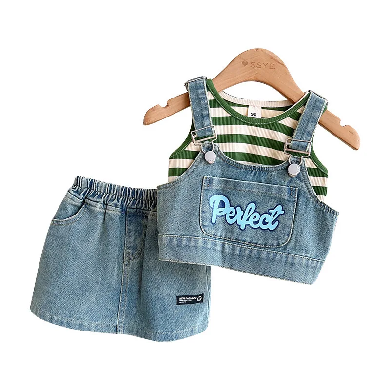 2-7 Years Summer Fashion Girls Jeans Set 2024 Vest +Suspenders+Skirt Wholesale 3 Piece Outfits Children Skirt Suits Denim Sets