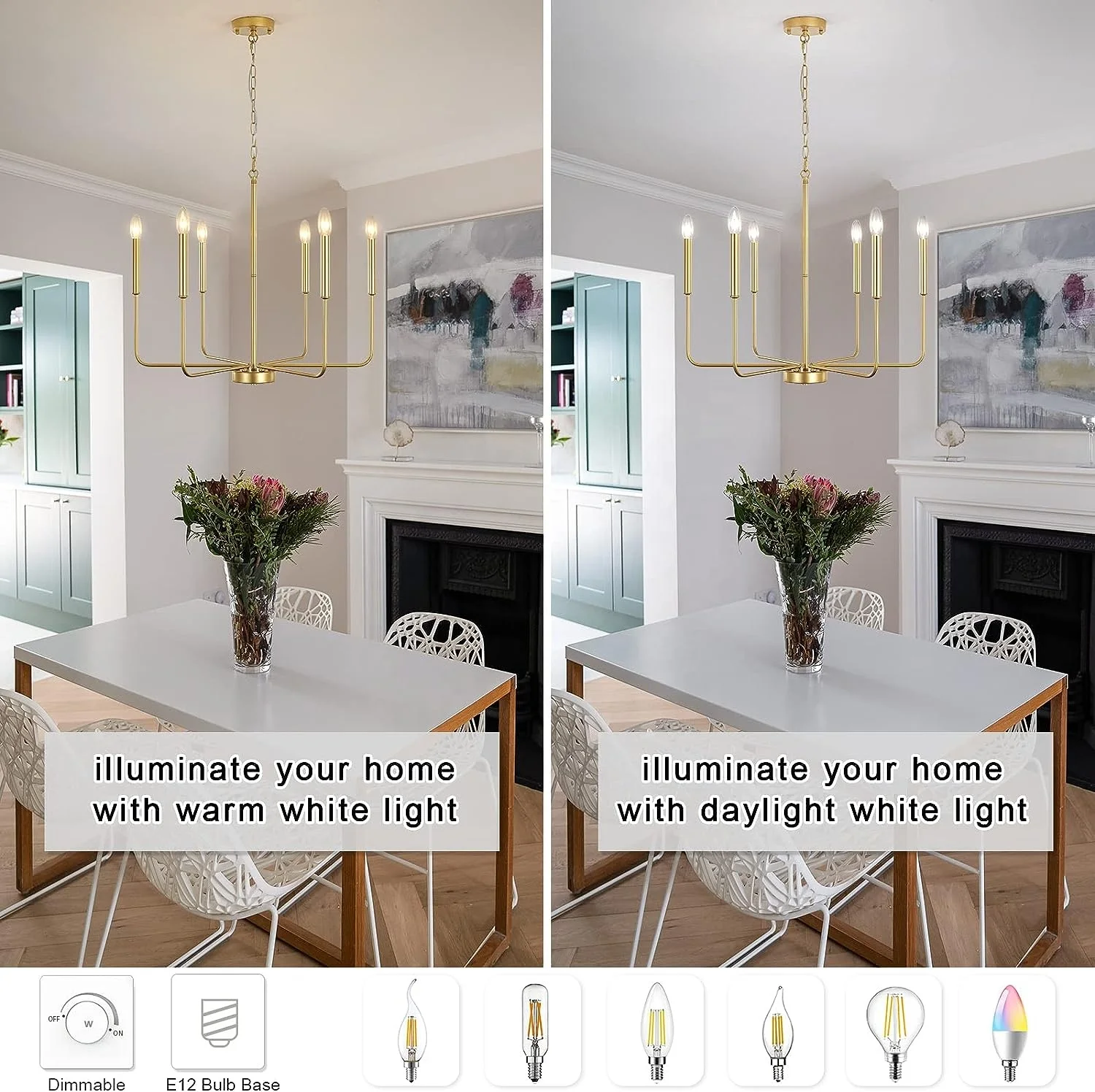 Gold Chandelier Light Fixture 6 Lights Farmhouse Candle Brass Ceiling Hanging Chandeliers