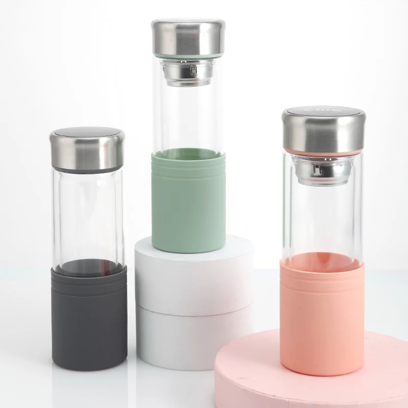 2020 пользовательские Экологически чистые многоразовые прозрачные чайные бутылки с двойными стенками фильтр с высоким боросиликатным стеклом бутылка для воды