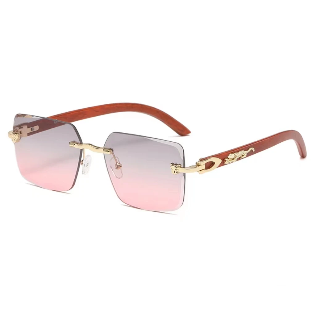 2024 Metallic vintage panther leopard rectangle Rimless cut edge classic sunglasses for unisex