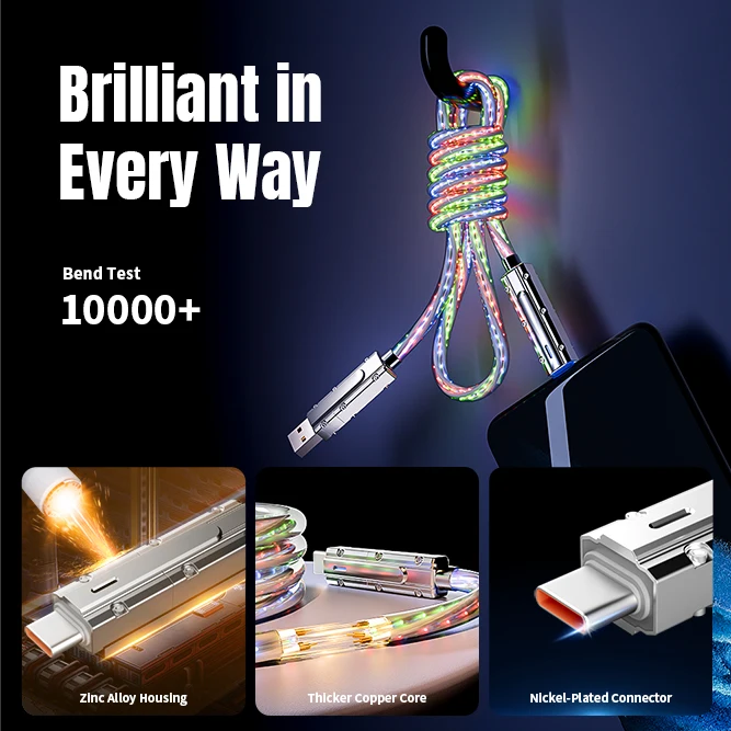 66W 4 in 1 Multi Fast Charging Cable LED Light Up USB C Cable Fast Charging Cable For iPhone 16 Charger Cord