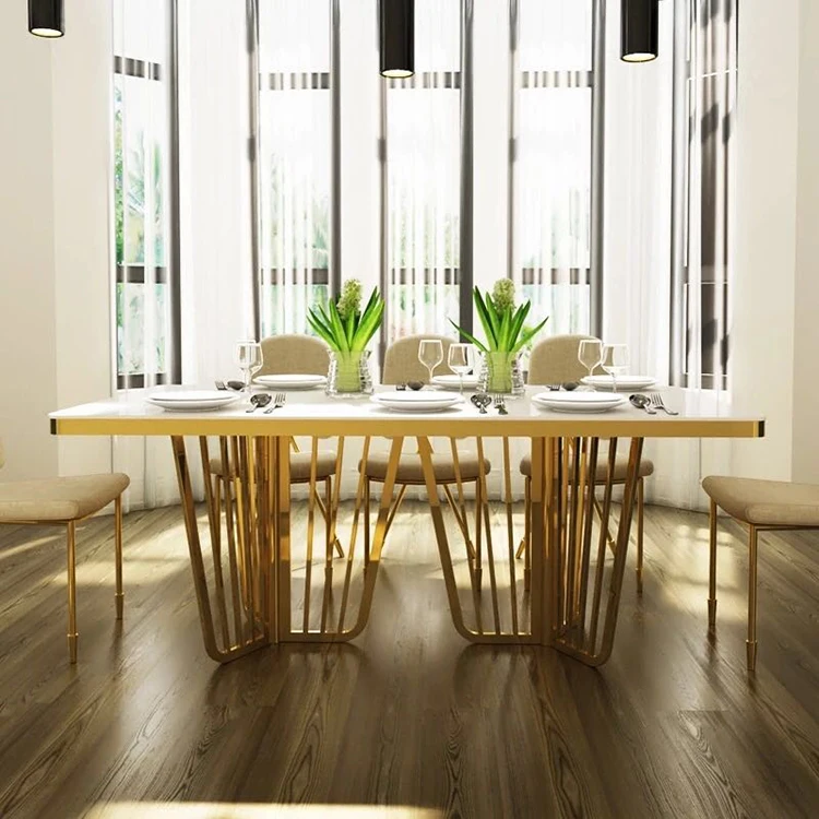 Modern marble top dining table and fabric dining chairs for modern dining table set