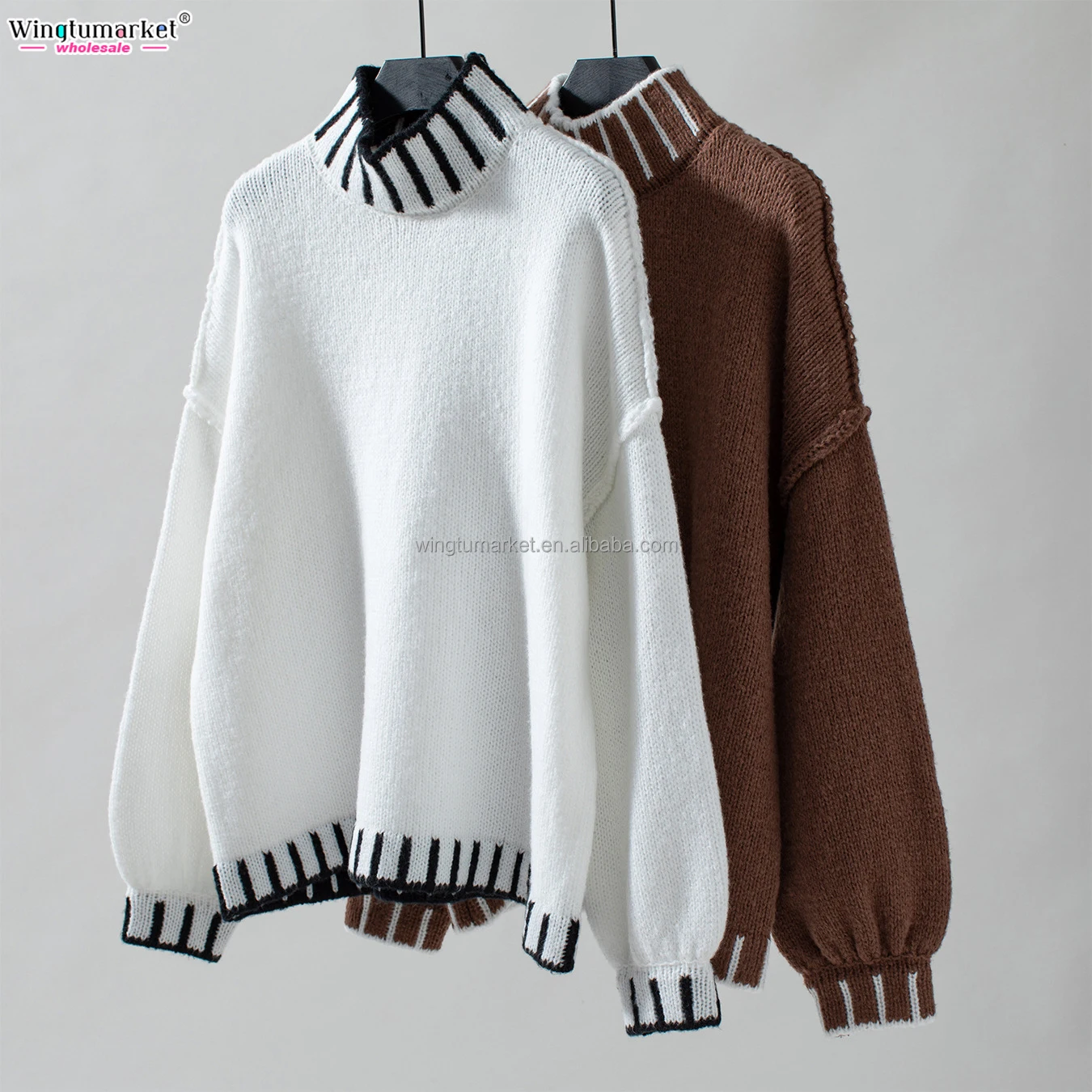 Luxury knitwear woman fall sweaters cozy contrast rib turtleneck pullover drop shoulder white jumper knitted sweater women