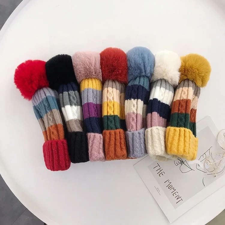 KENSHELLEY Amazon High Quality Winter Hat Women Luxury Mixed Color Beanie Hat Thicken Wool  Cable Knitted Beanie With Lining