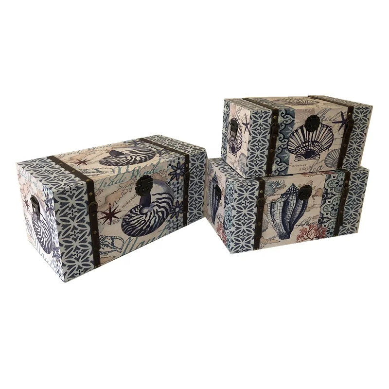 
Hot Selling Modern Type Sea Beach Design Rectangle Wooden Base with Canvas Print Set of 3 Storage Trunk 
