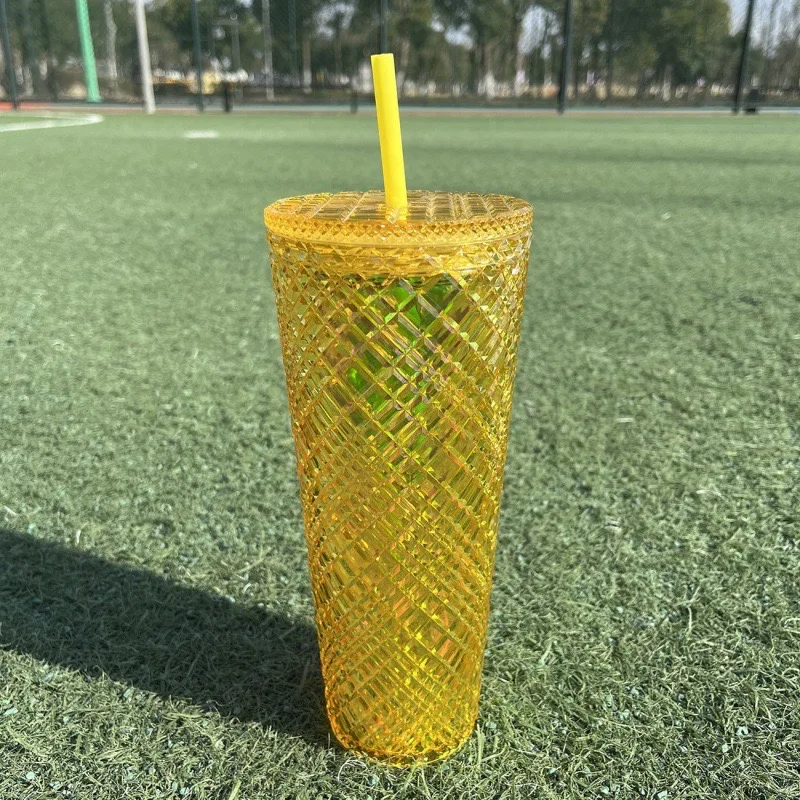 Portable Rivet Plastic Grid Studded Tumbler Durian Drinking Cup with Lid and Straw
