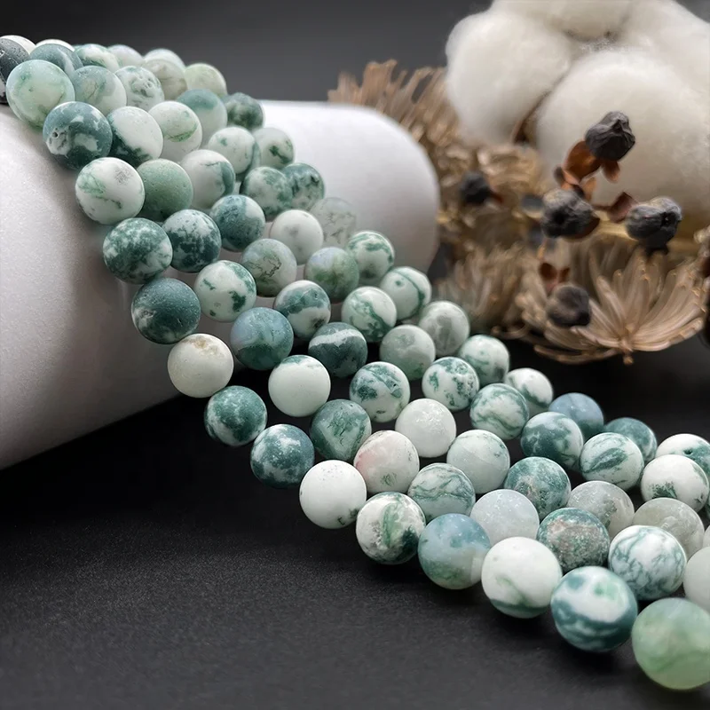 Gorgeous Beads for Jewelry Making Matte Frosted Tree Agate Loose Gemstone Round Beads