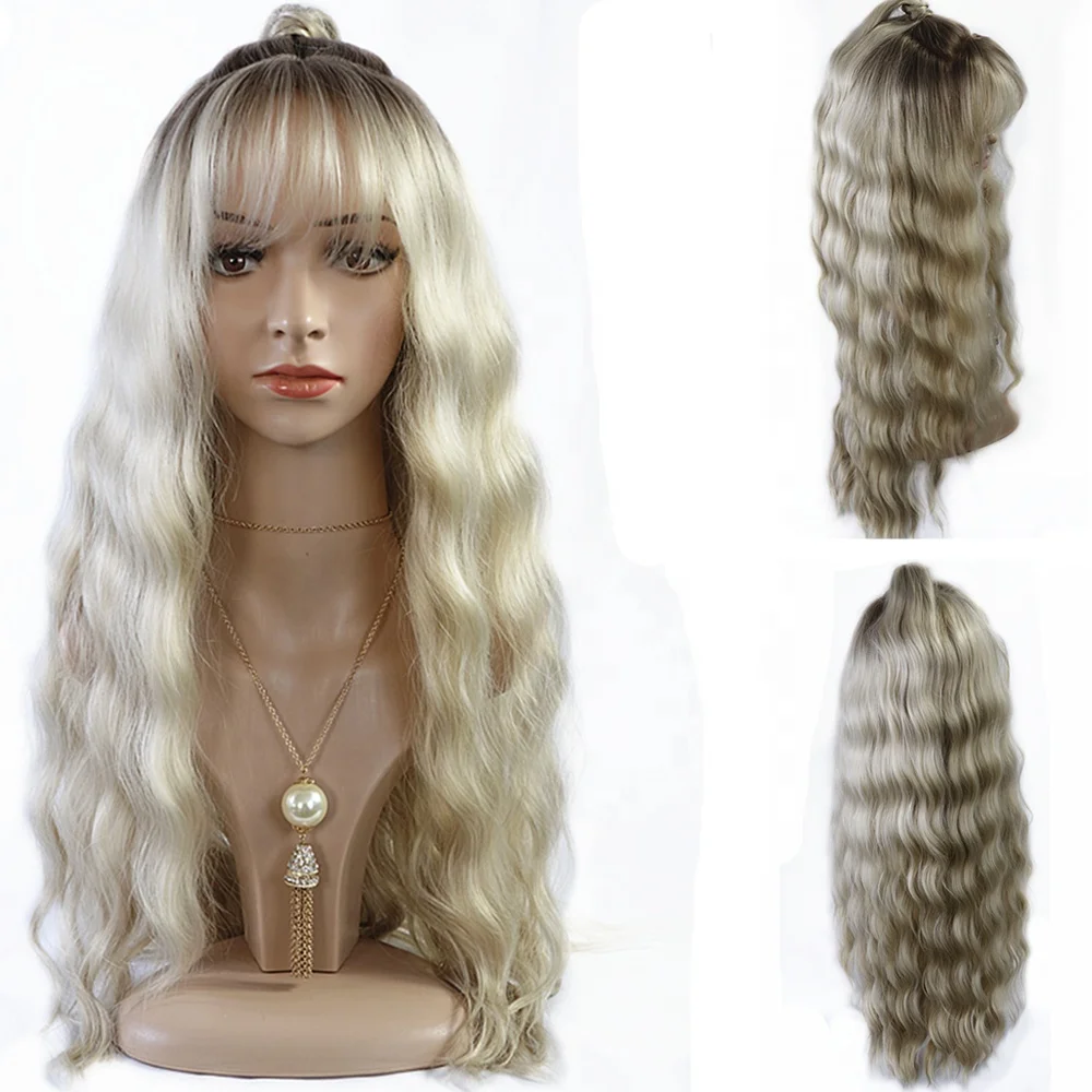 High Heat Resistant Hollywood Wave Light Ash Blonde Machine Made Synthetic Hair Wigs lsy Hair Wigs with Ponytail