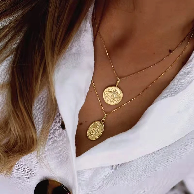 BAROLI Hot Sale Pattern Jewelry 925 Silver Gold Plated Micro Pave  Coin Pendant Necklace Chain For Women