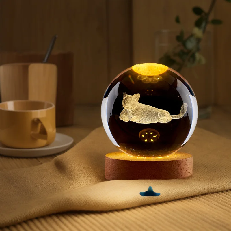 High Quality Luminous Cat 3d Laser Carved Crystal Tabletop Night Light Creative Decoration Crystal Ball