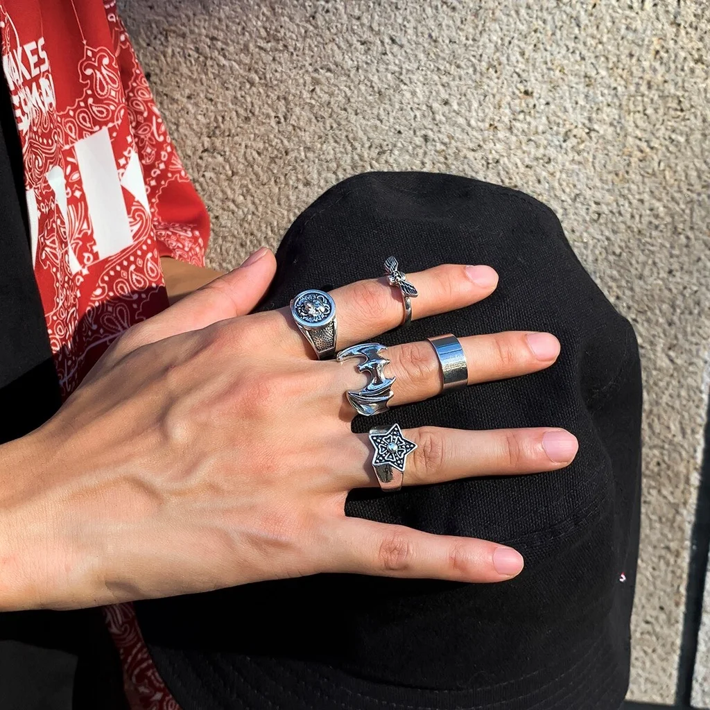 5Pcs/Set Gothic Skeleton Skull Bats Wing Rings Set for Men Punk Vintage Silver Color Star Rings Steampunk Jewelry