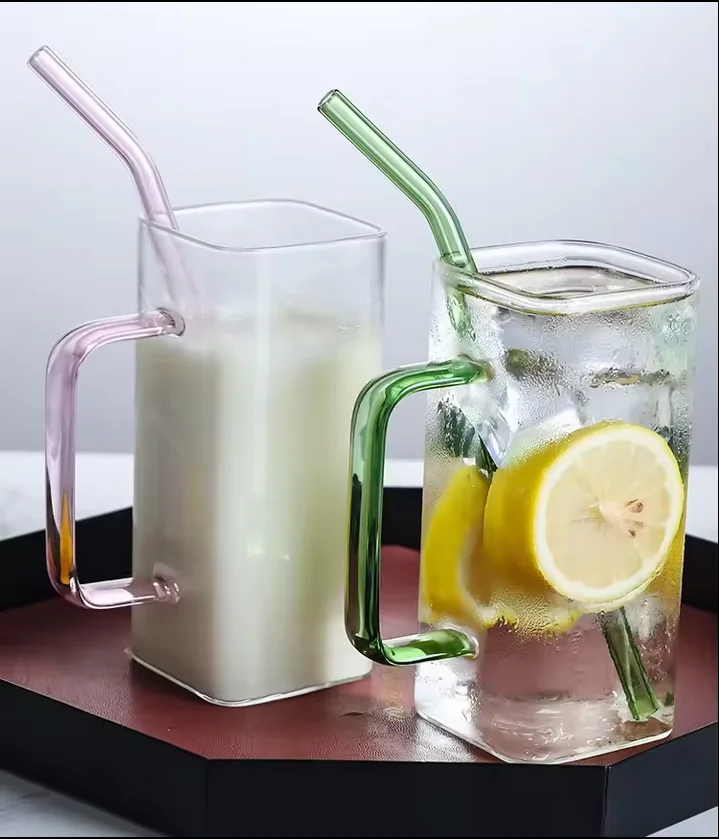 Hot Sale Square high borosilicate glass cup Heat Resistant Transparent Coffee Glass Cups Mug With Color Handle