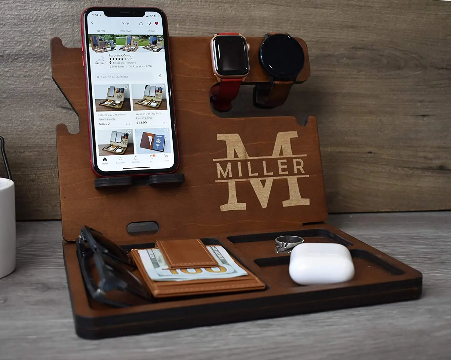 Wooden Docking Station Personalized Desk Organizer Nightstand Docking Station Unique Holiday Gift for Men