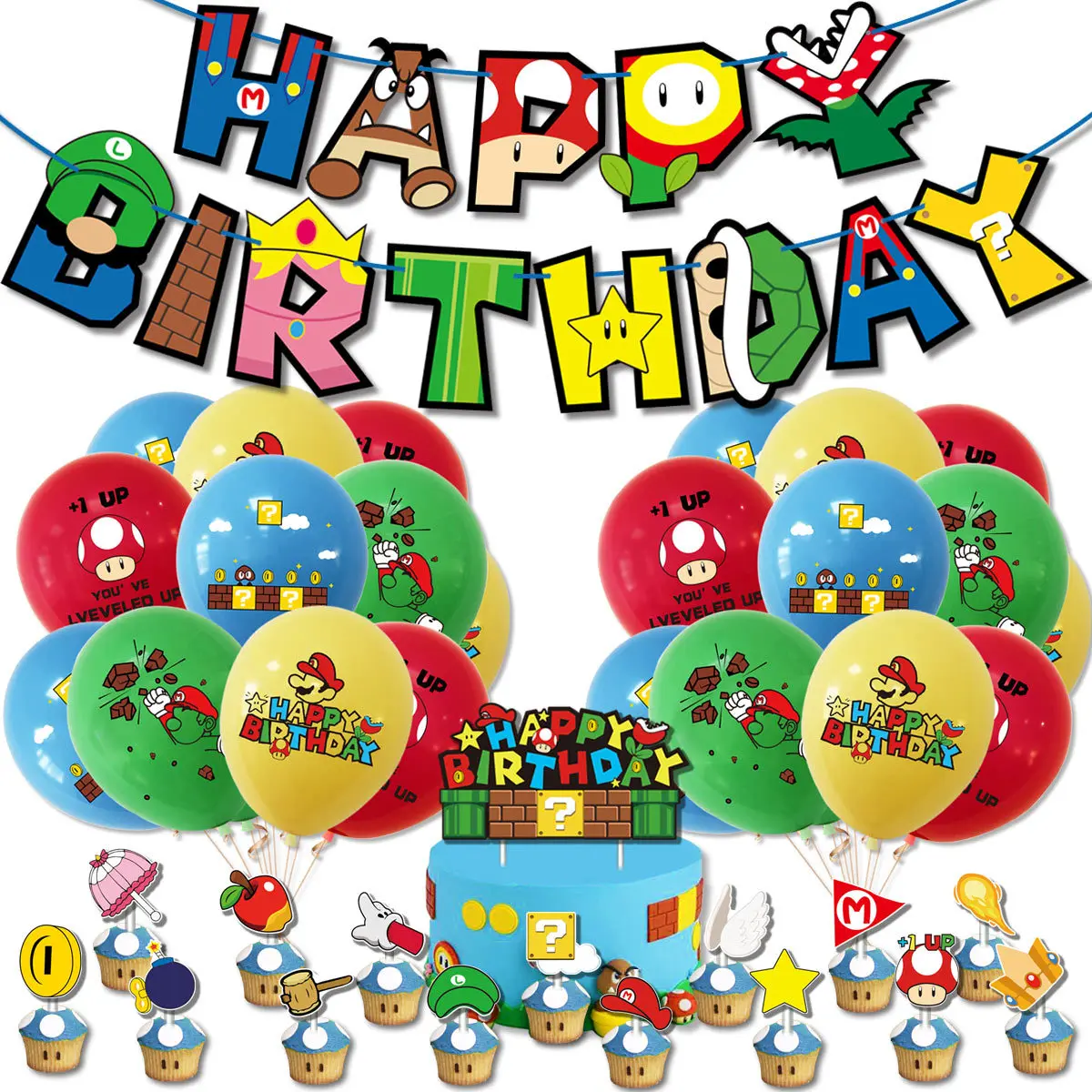 Super Mario Baby Shower Party Decoration Cartoon Game Happy Birthday Letter Paper Banner Mario Cake Topper