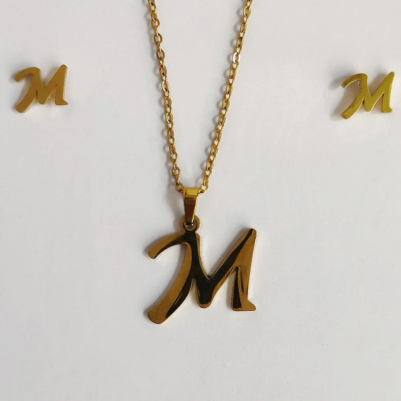 FanYue wholesale letter P initial 18K gold stainless steel golden jewelry set