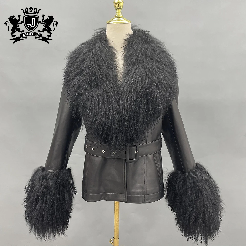 Fashion Lamb Fur Women Coats Winter and Autumn Leather Jacket Women Short Fur Collar and Sleeves 5XL Plus Size Leather FurCoat