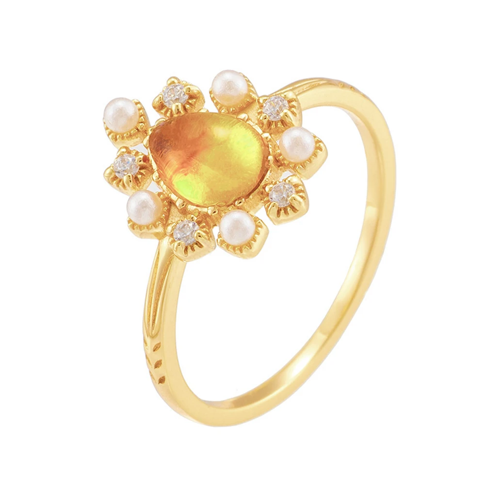 Joacii 925 Sterling Silver 14K Gold Plated Gemstones Pearl Zircon Flowers Amber Ring