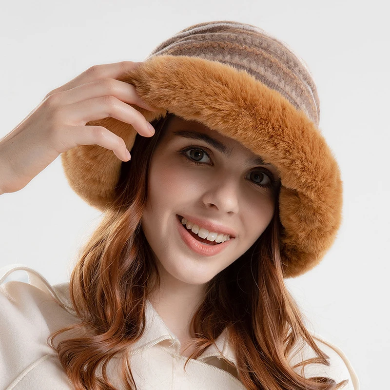 FF1851 Striped Women Fleece Lined Skull Cap Fluffy Furry Winter Fisherman Cap Warm Winter Faux Fur Fuzzy Bucket Hat