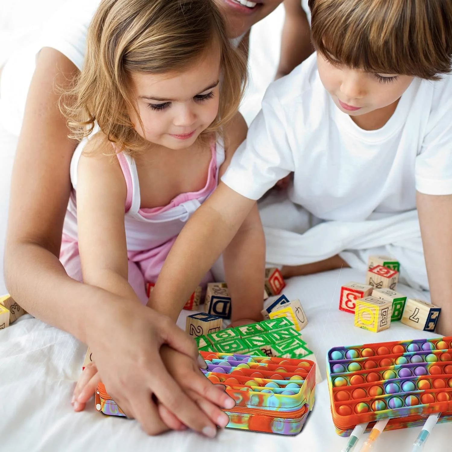 Custom Pop Fidget Up Out Silicone  Pencil Case Kids Students Stationery Box Rainbow Pop Push Pencil Pouch Bag