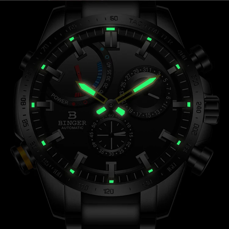 
BINGER Brand Men automatic mechanical Luminous waterproof running full steel Genuine Luxury Wristwatch 