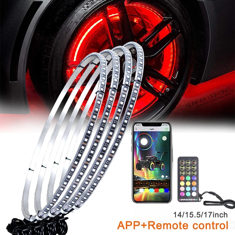 Светодиодные кольца для колес с подсветкой 15,5 дюйма, 4 шт. в одном комплекте, комплект освещения обода, RGB, светодиодное кольцо для колес с управлением через приложение для автомобиля