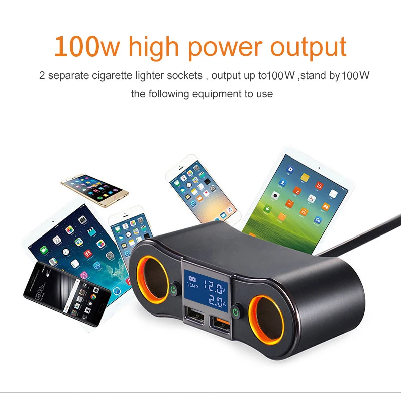 80W socket Splitter Car charger adapter 3.1A 2 USB Ports LED Display Voltage on Off Switch Cigarette Lighter Adapter Car charger