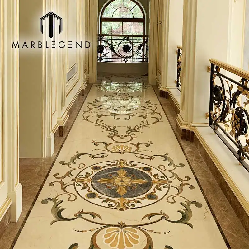 Luxury rectangle flooring stone decoration classic flower water jet marble inlay for hallway