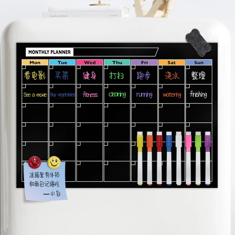 Custom magnetic refrigerator whiteboard black schedule can be erased calendar week and month message board magnetic stickers